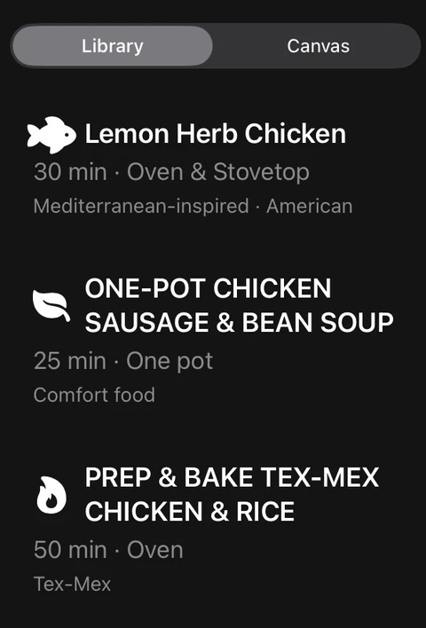 Culision development Library view listing Lemon Herb Chicken and other saved Meals